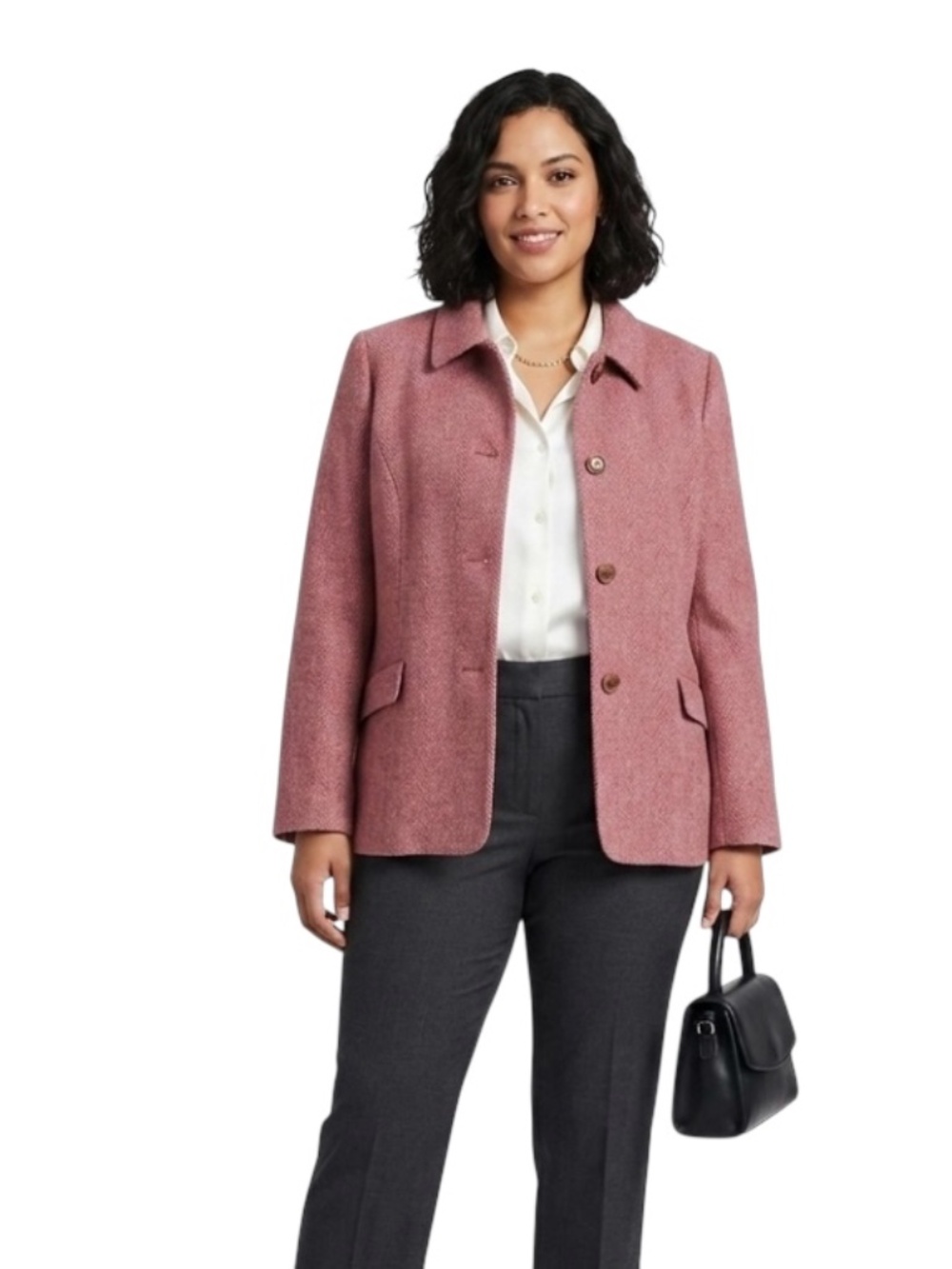 Lands' End 100% Wool Herringbone Blazer Jacket 16P Pink Tweed Heritage Preppy
